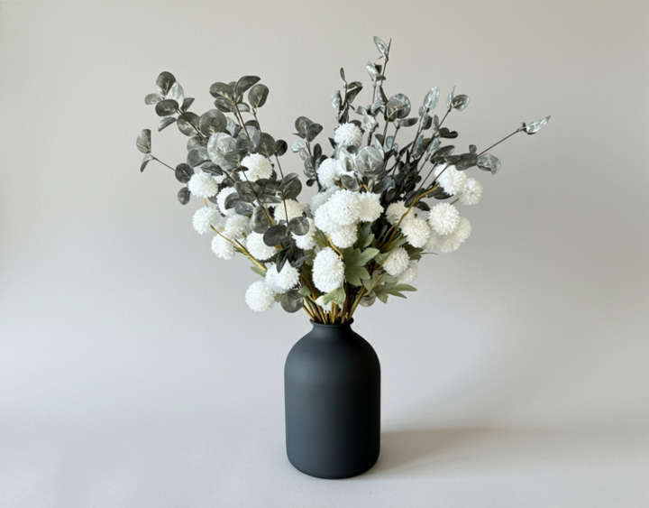 White Serenity Faux Arrangement - Kiku and Eucalyptus - Ivy Vase - Matte Black - Luv Sola Flowers