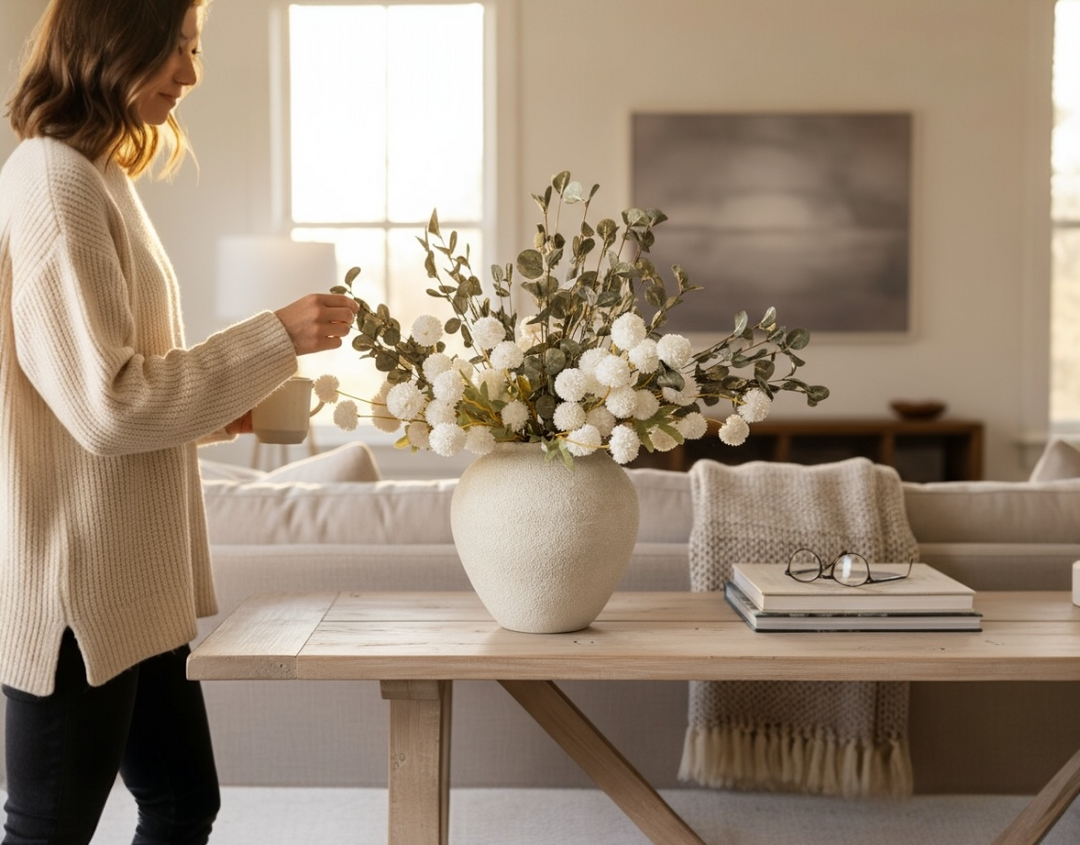 White Serenity Faux Arrangement - Kiku and Eucalyptus - Luv Sola Flowers