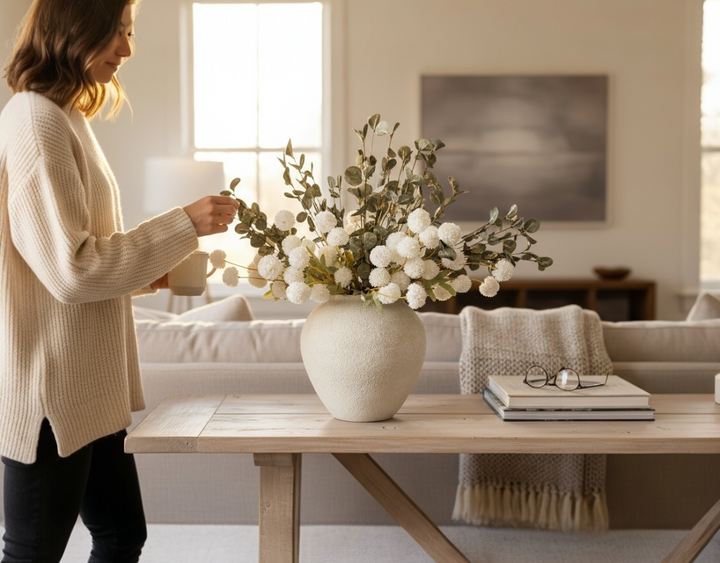 White Serenity Faux Arrangement - Kiku and Eucalyptus - Luv Sola Flowers