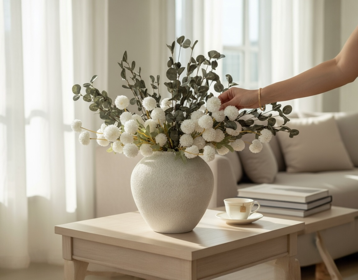 White Serenity Faux Arrangement - Kiku and Eucalyptus - Luv Sola Flowers