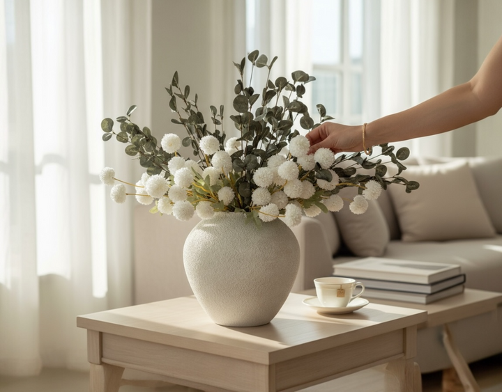 White Serenity Faux Arrangement - Kiku and Eucalyptus - Luv Sola Flowers