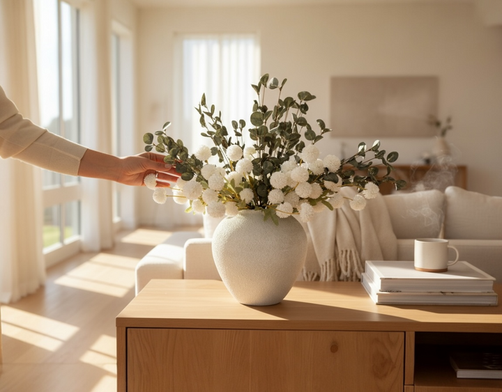 White Serenity Faux Arrangement - Kiku and Eucalyptus - Luv Sola Flowers
