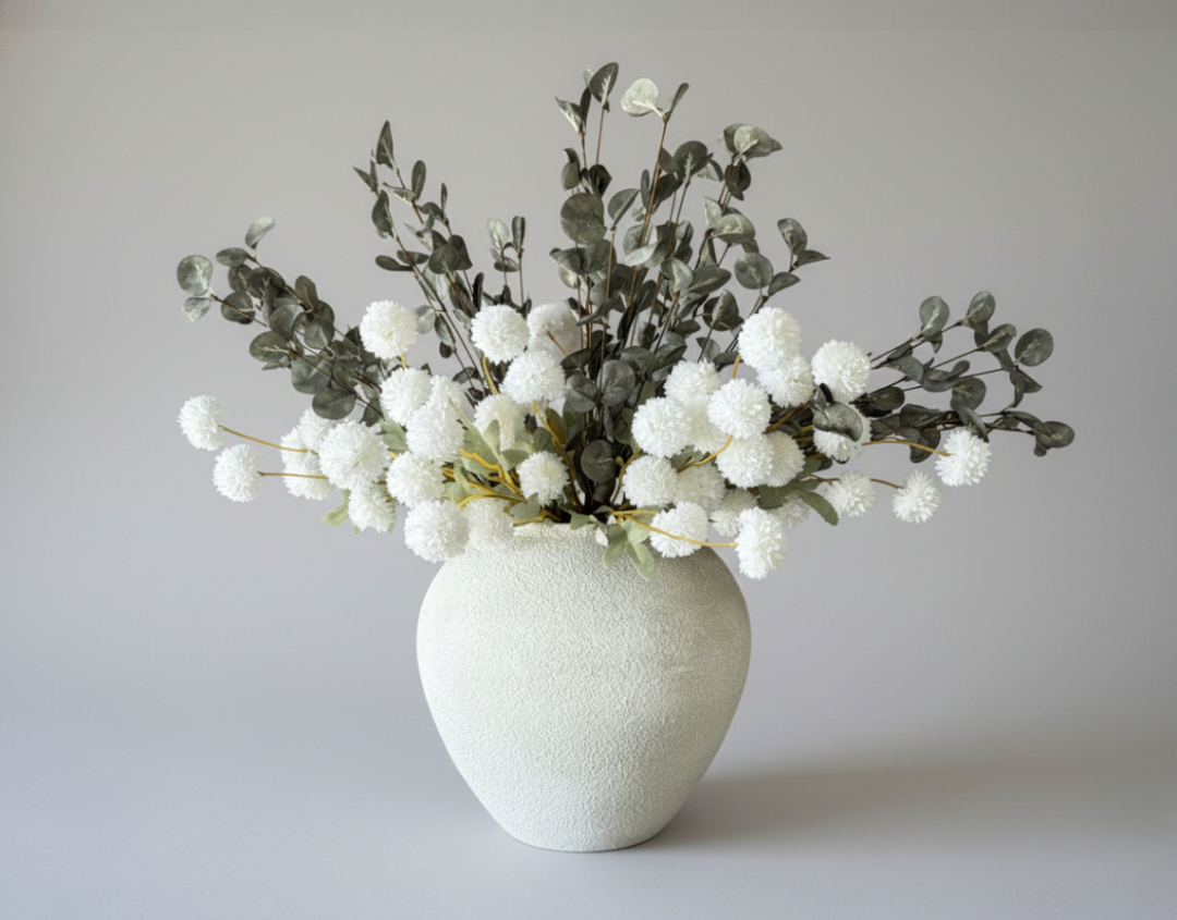 White Serenity Faux Arrangement - Kiku and Eucalyptus - Lina Vase - Luv Sola Flowers