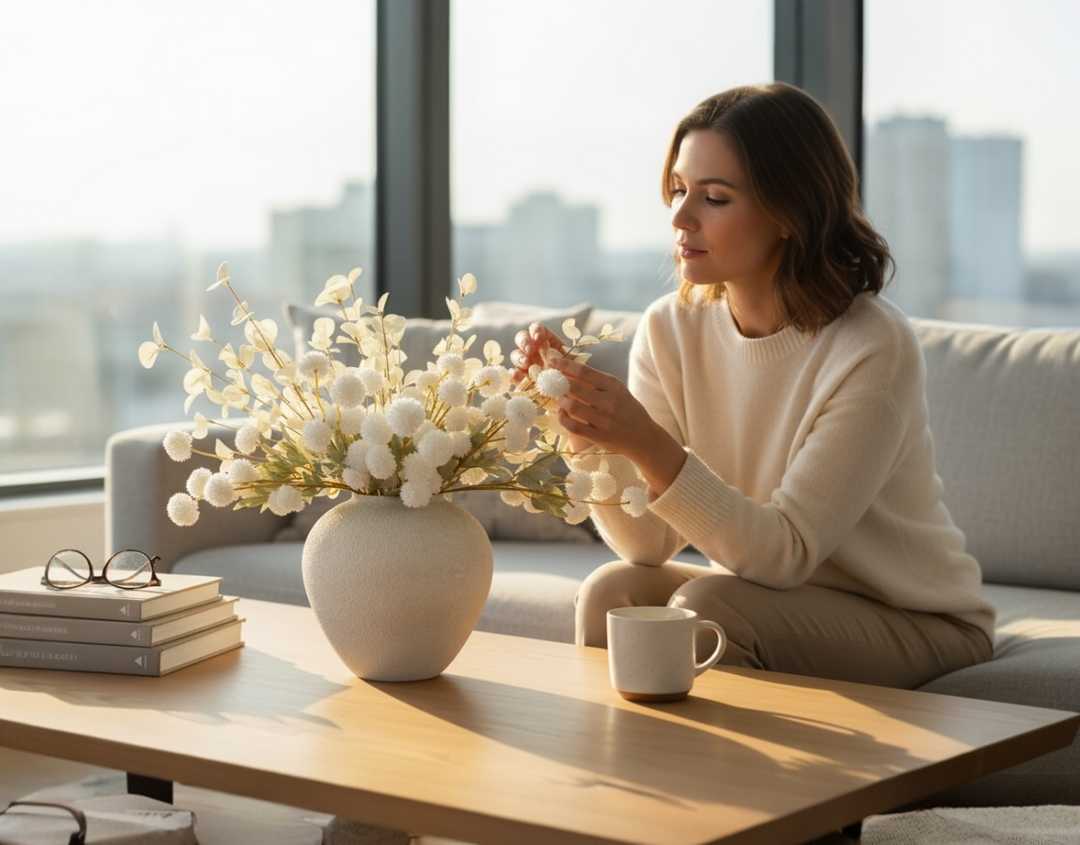 Ivory Grace Faux Arrangement - Kiku and Eucalyptus - Luv Sola Flowers