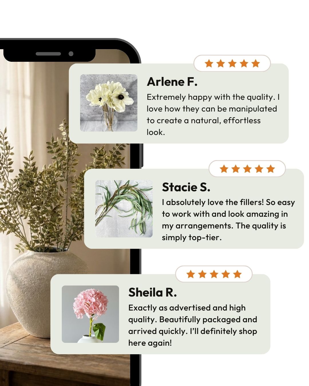 A smartphone display showing three glowing customer reviews for Luv Sola Flowers premium faux greenery and real-touch fillers.