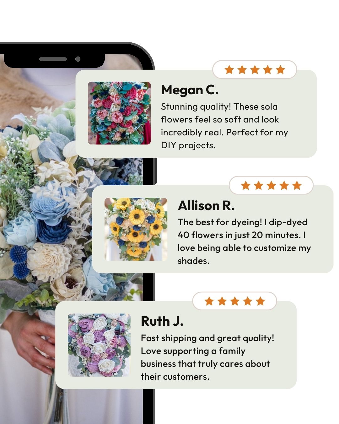 Customer reviews of Luv Sola Flowers showing colorful DIY sola flowers arrangements on a smartphone screen