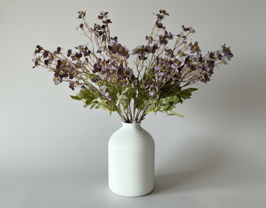 Faux Dogwood Flower - Dusty Purple - Ivy Vase - Matte White - Luv Sola Flowers