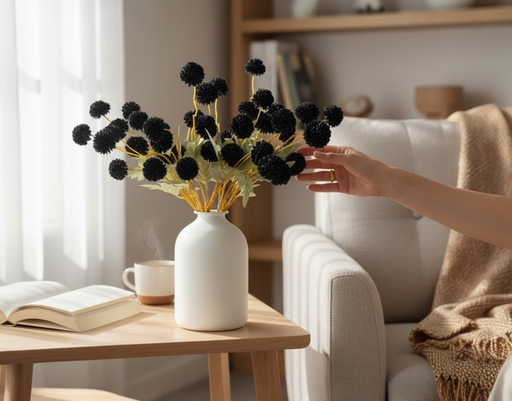 Set of 10 black artificial chrysanthemum stems for home decor displays