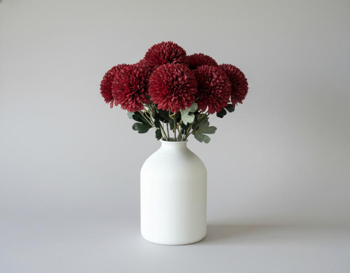 Large Faux Kiku Flower - Burgundy - Ivy Vase - Matte White - Luv Sola Flowers