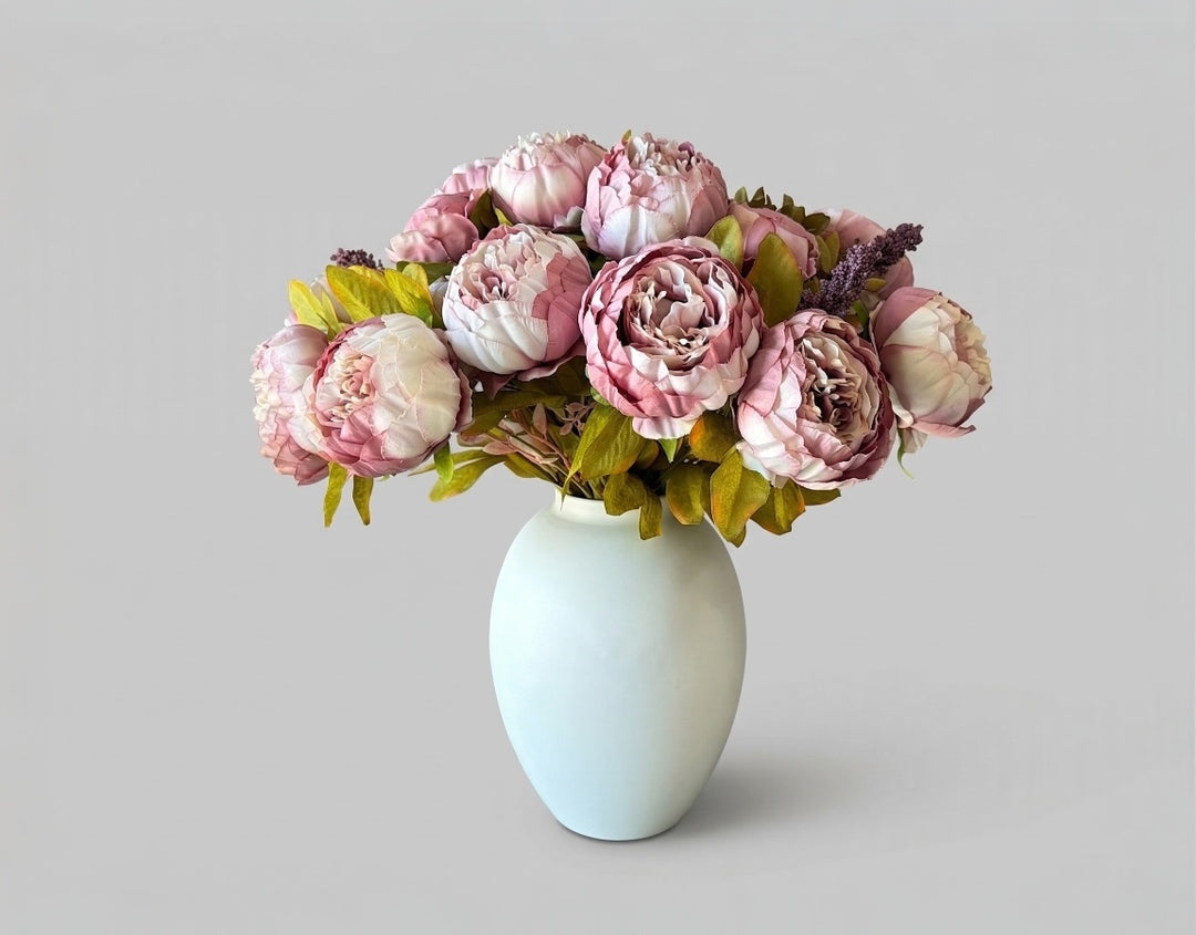 Dusty rose silk faux peony arrangement with open and closed blooms