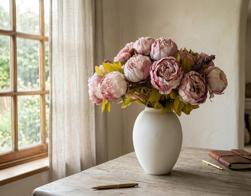 Faux peony arrangement with open blooms and greenery for home decor display